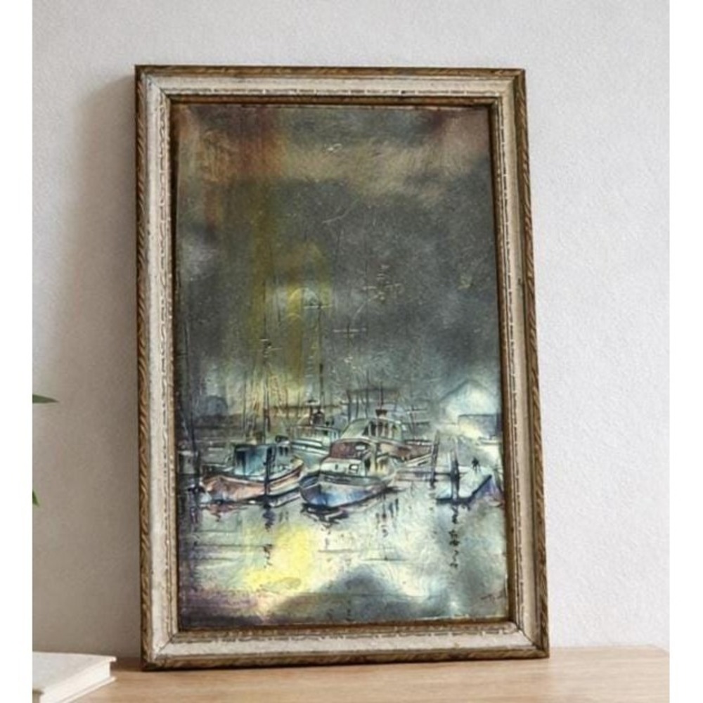 Vintage Harbor Artwork Framed Boats Coastal Nautical Wall Decor